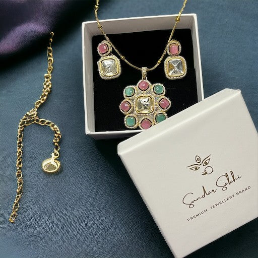 SS Pink Petal & Mint Breeze Necklace Set With Earrings