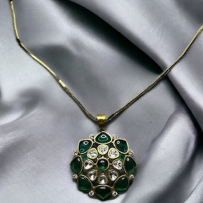 SS Emerald Elegance: Green & White Stone Pendant Earring Set"