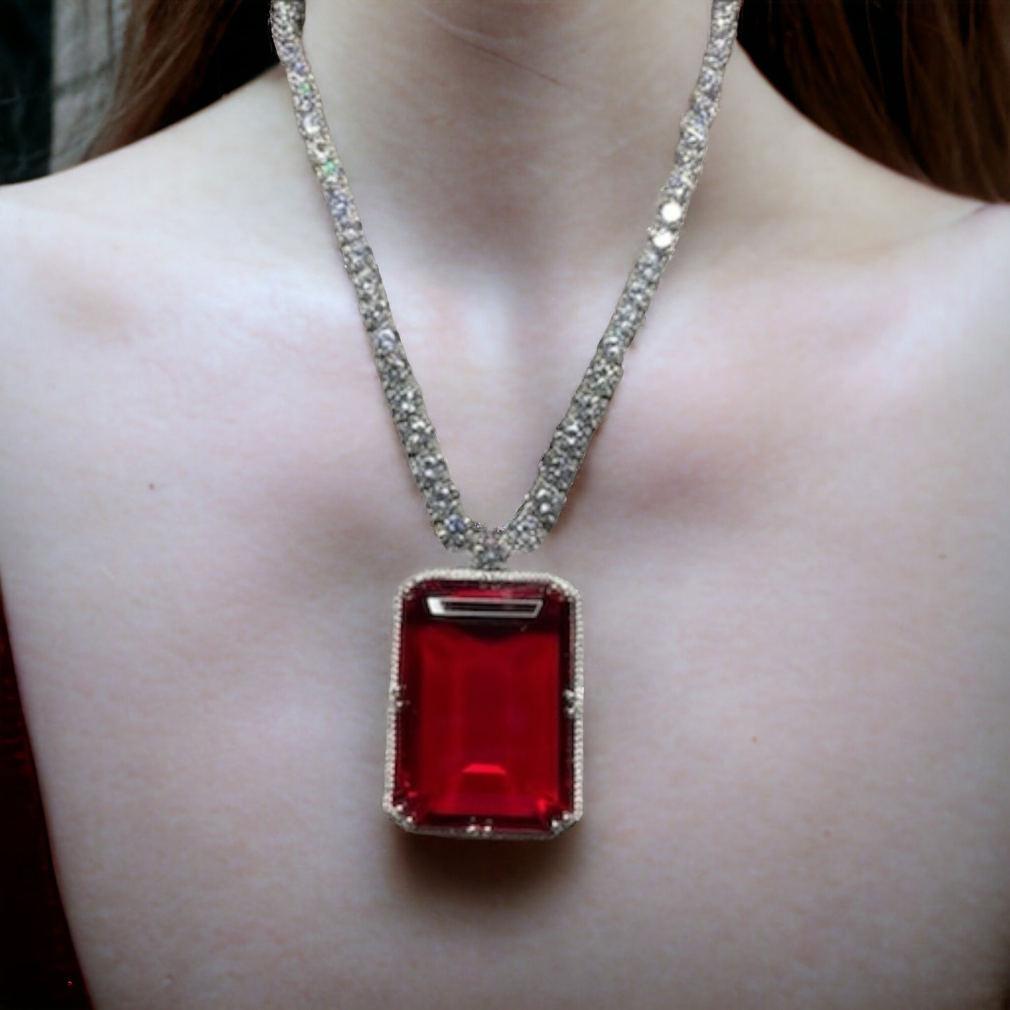 SS Classy Red Radiance: Sophisticated Gem Pendant Necklace with Earrings.