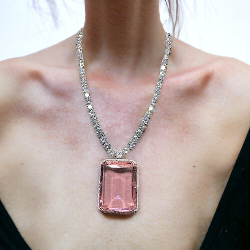 SS Classy Pink Radiance: Sophisticated Gem Pendant Necklace with Earrings.