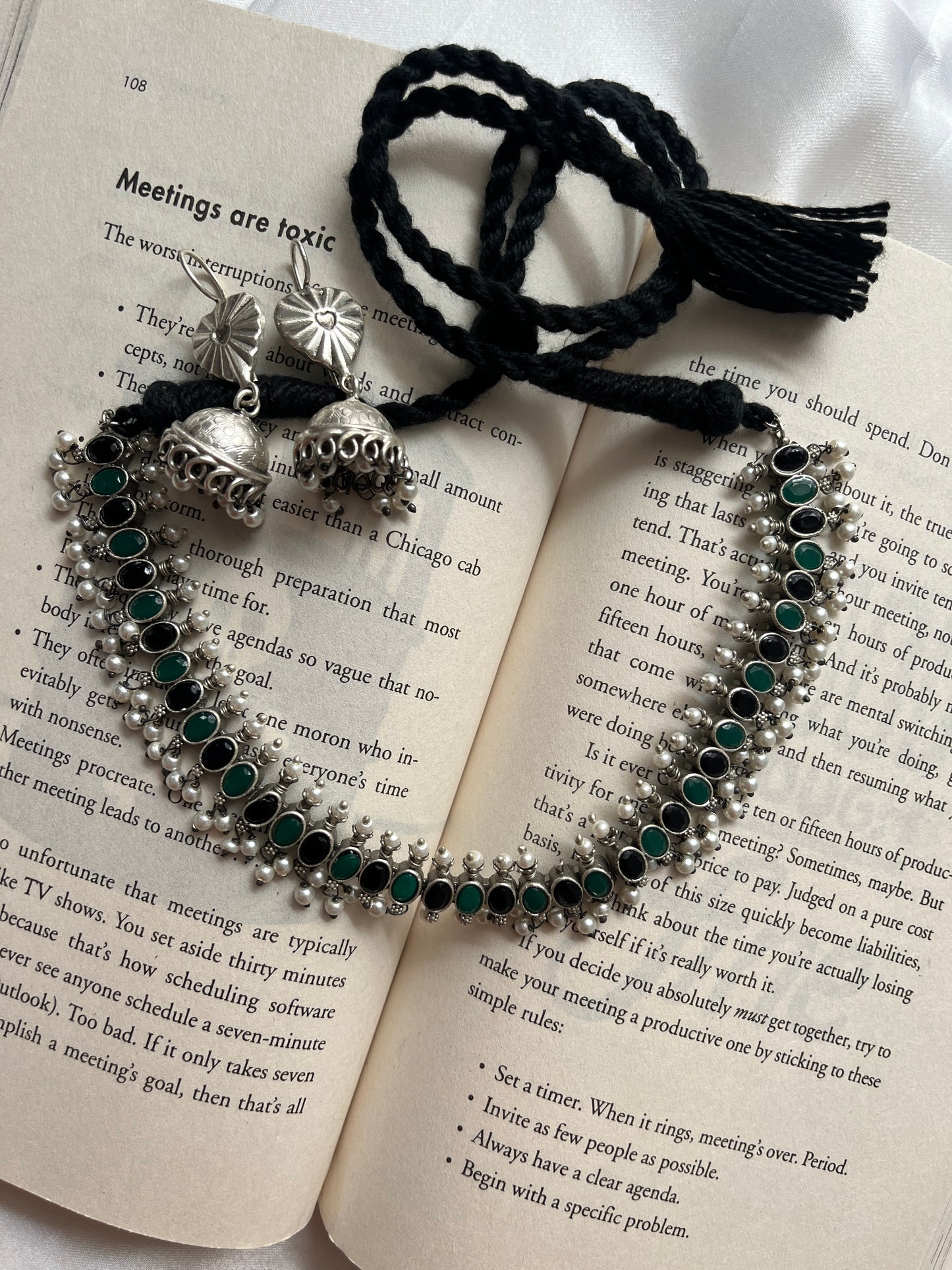 Mrinali Oxidised Black & Green Stone Necklace Set
