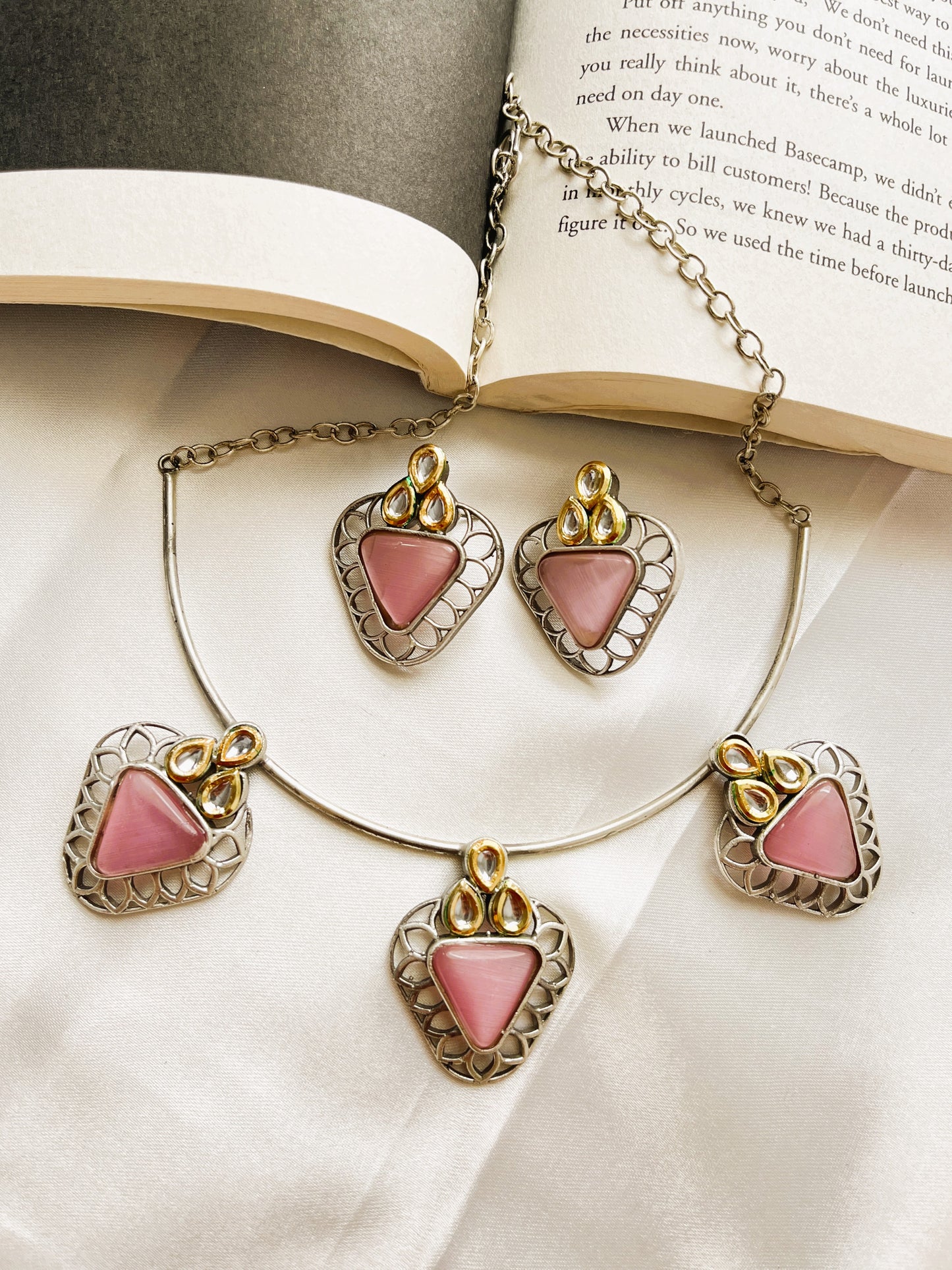 Oxidised Pink Monalisa Stone Necklace Set