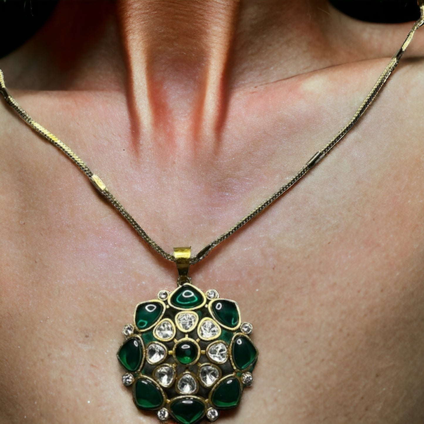 SS Emerald Elegance: Green & White Stone Pendant Earring Set"