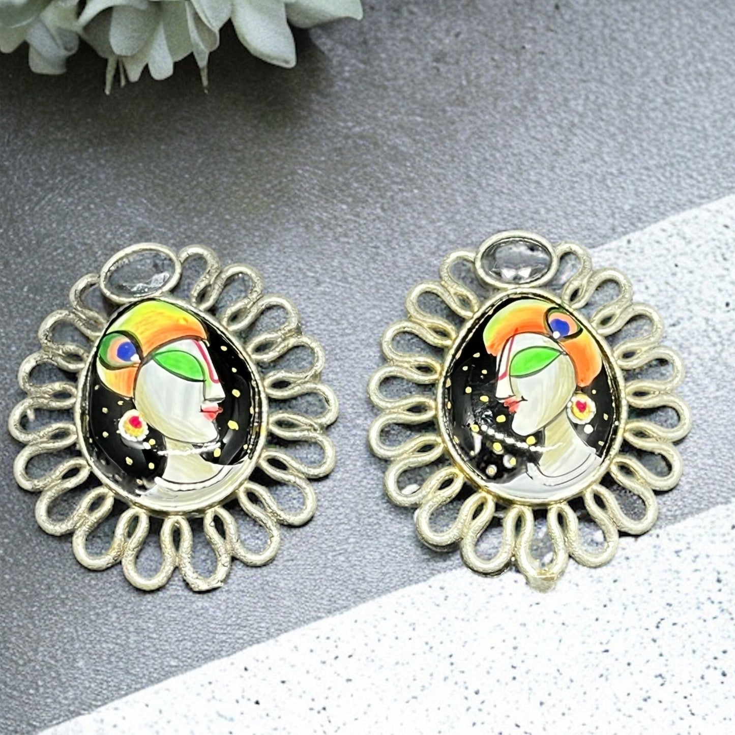 SS Krishna Portrait Silver Tone Studs