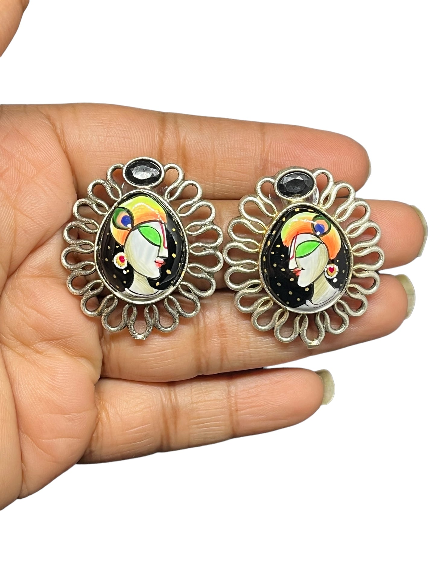 SS Krishna Portrait Silver Tone Studs