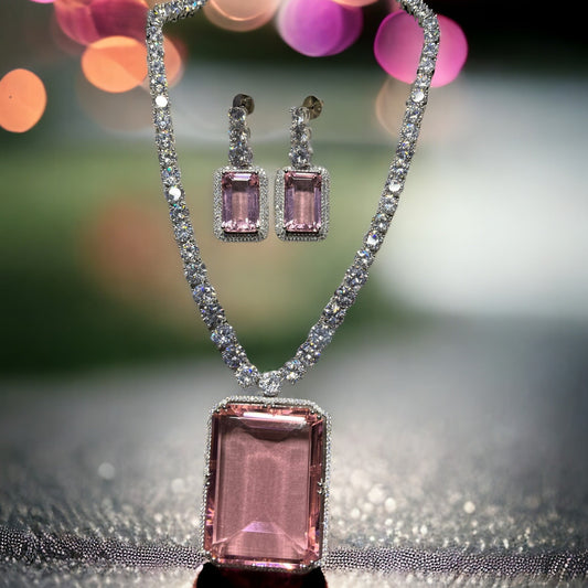 SS Classy Pink Radiance: Sophisticated Gem Pendant Necklace with Earrings.