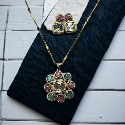 SS Pink Petal & Mint Breeze Necklace Set With Earrings