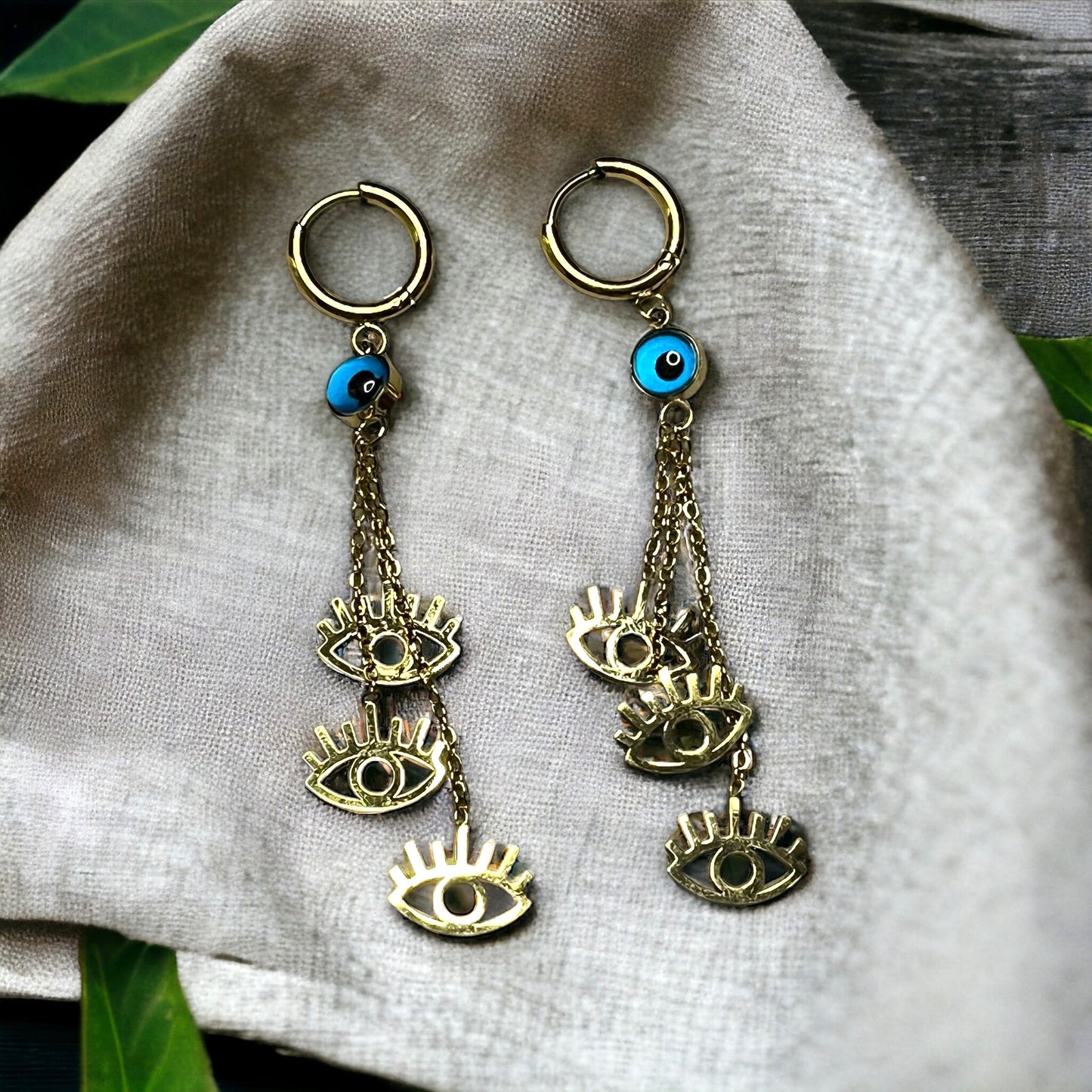 SS Evil Eye Long Chain Hanging Earrings