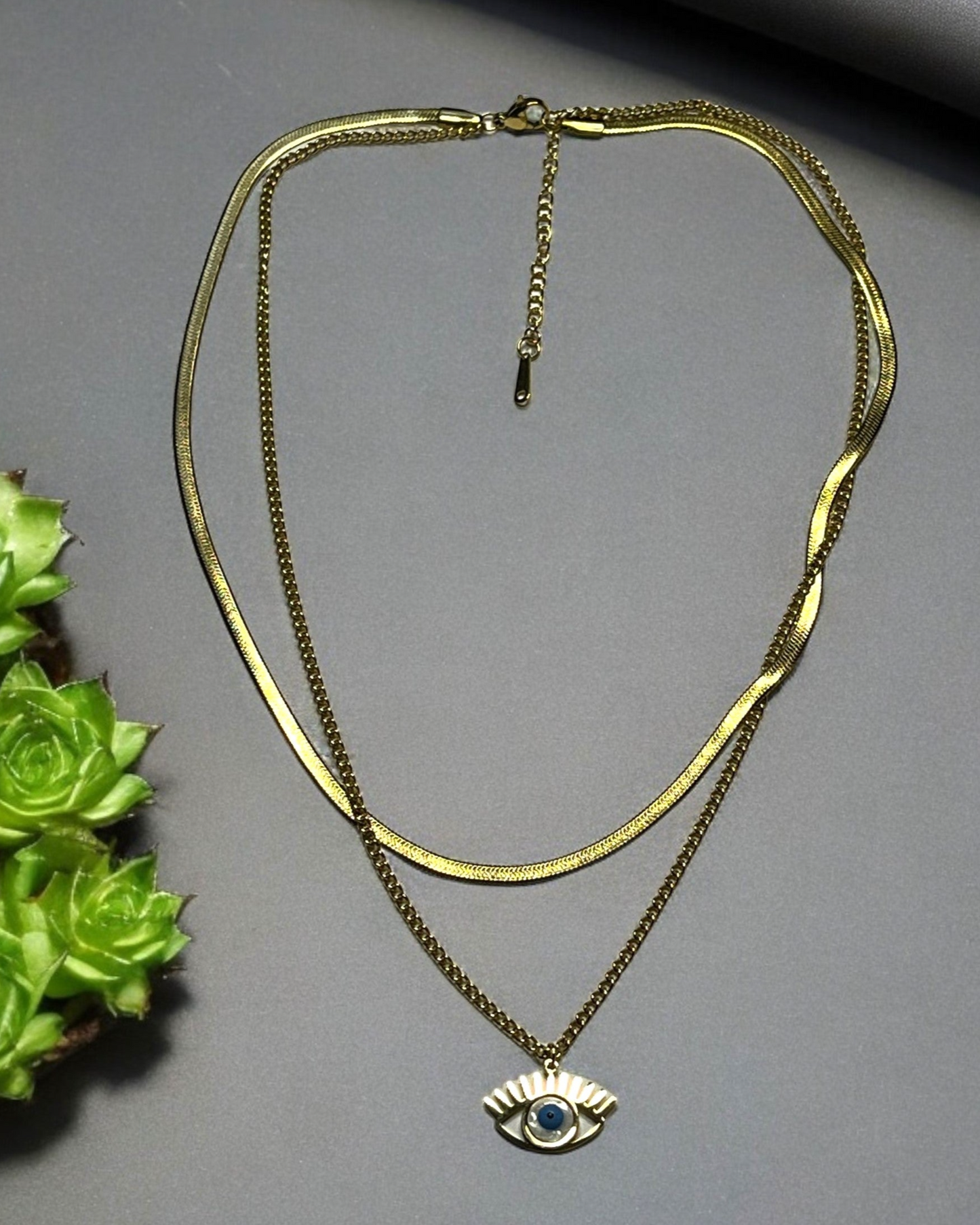 SS Double Chain Crystal Evil Eye Necklace