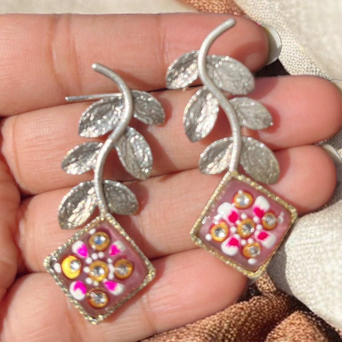 Sundar Sakhi Leafy Semi Precious Stone Brass Earrings