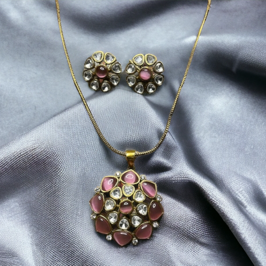 SS Blush Bloom: Pink Gemstone Pendant Earring Set