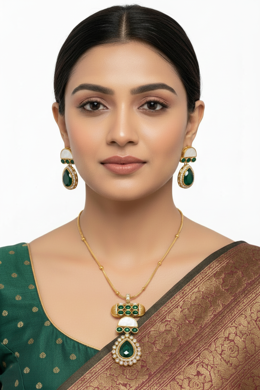 Pankhudi Necklace Set - Dark Green