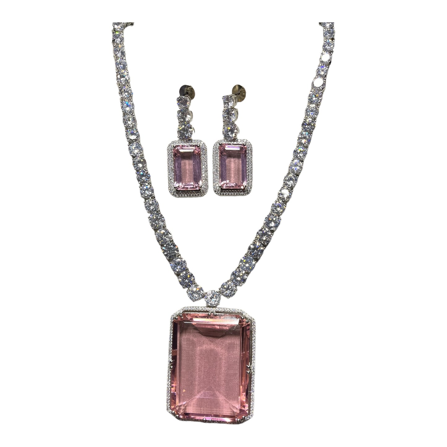 SS Classy Pink Radiance: Sophisticated Gem Pendant Necklace with Earrings.