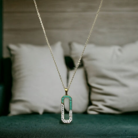 SS Diamond Meadow: White & Green Hollow Rectangle Pendant & Chain Set