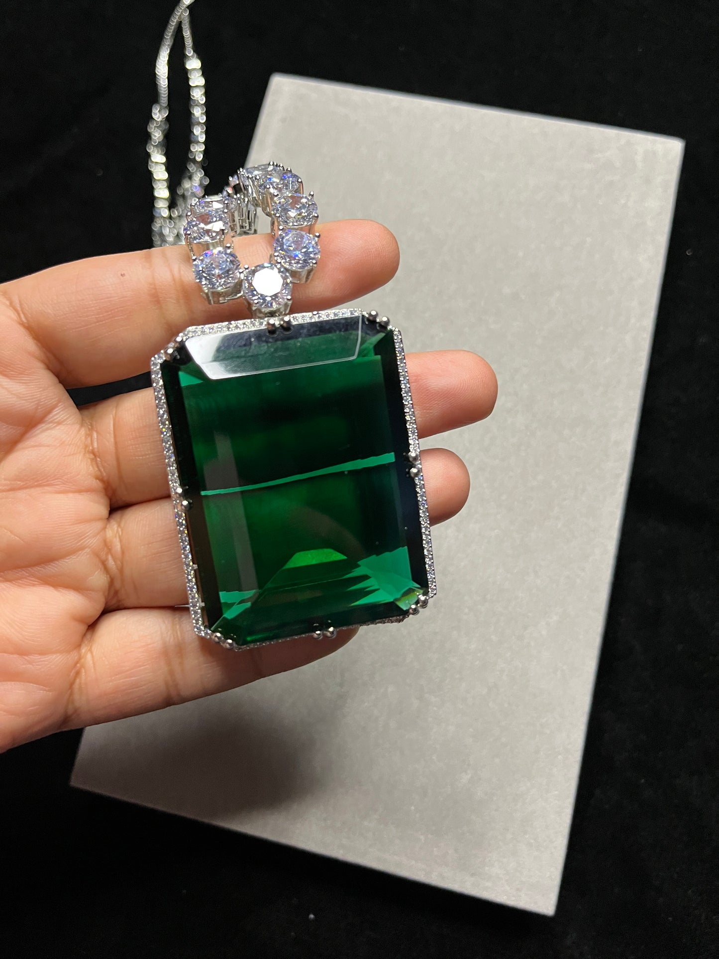 SS Classy Green Radiance: Sophisticated Gem Pendant Necklace with Earrings.