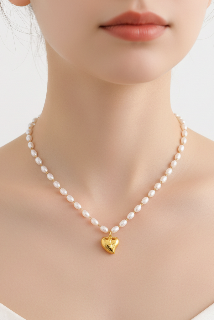 18K Gold Plated Heart with Pearls Necklace