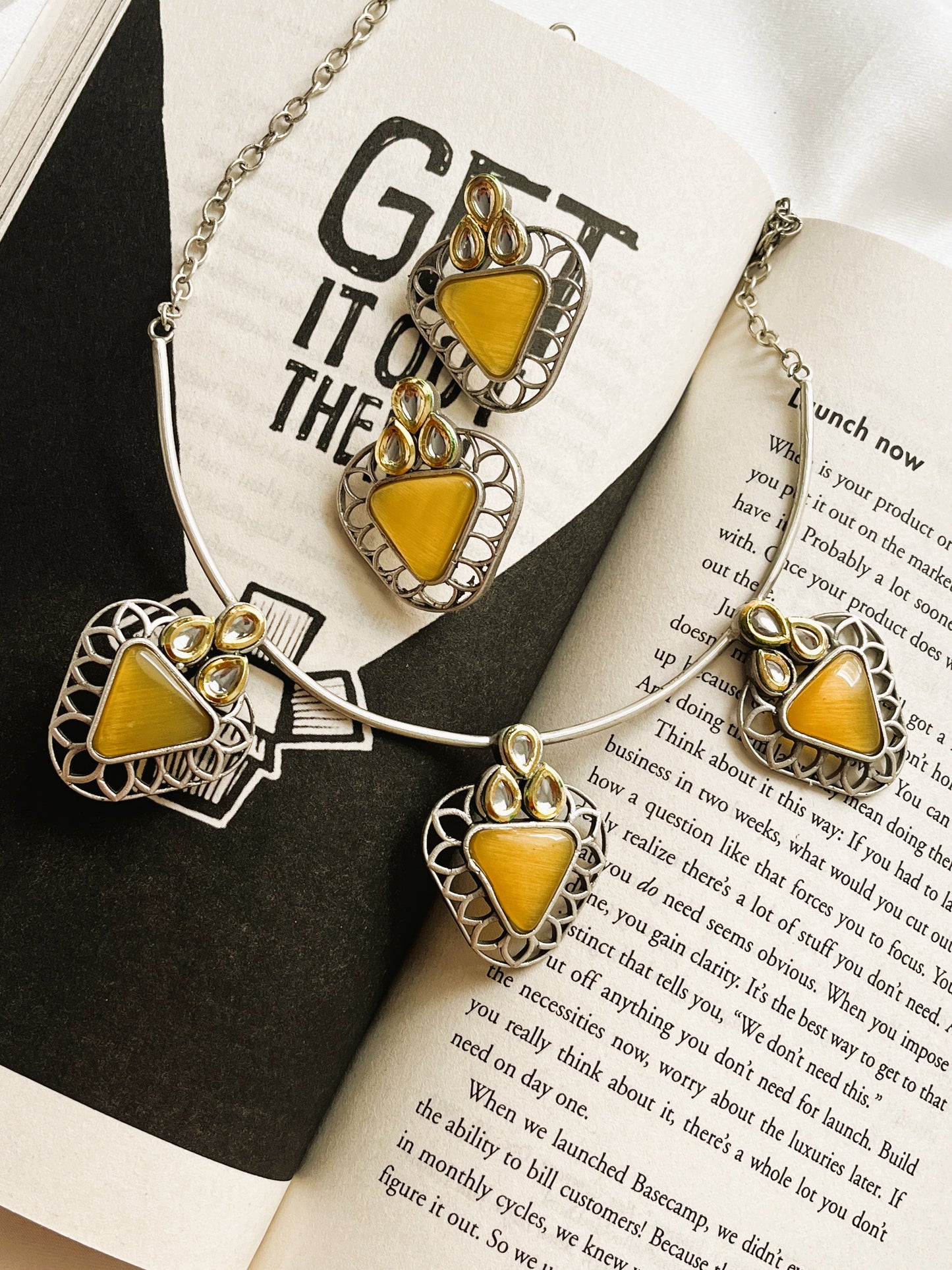 Oxidised Yellow Monalisa Stone Necklace Set