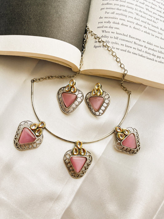 Oxidised Pink Monalisa Stone Necklace Set