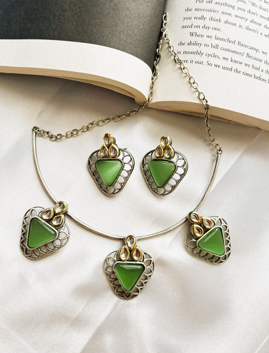 Oxidised Green Monalisa Stone Necklace Set