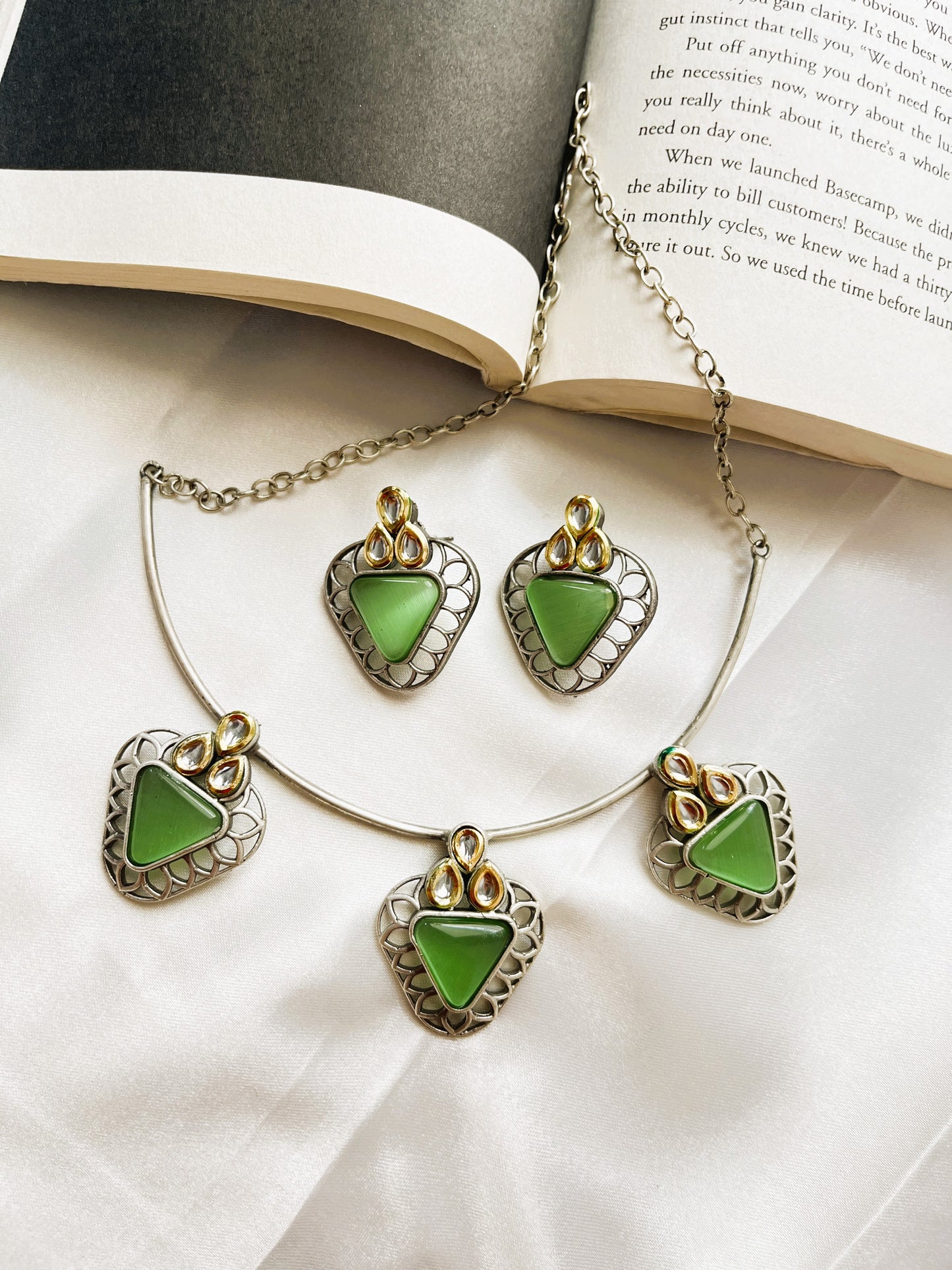 Oxidised Green Monalisa Stone Necklace Set