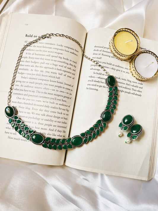 Pallavi Green Oxidised Necklace Set