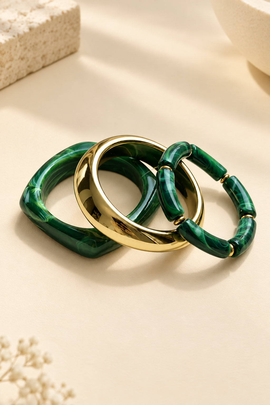 The Emerald Glow Three Bangles Stack