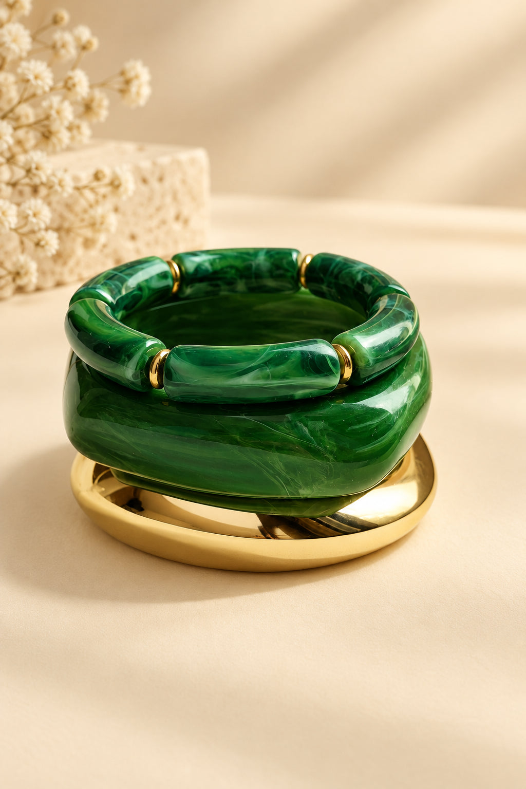 The Emerald Glow Three Bangles Stack