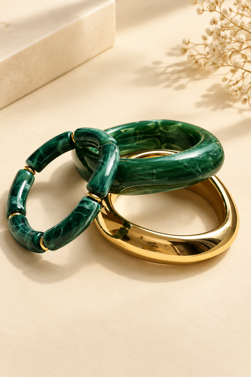 The Emerald Glow Three Bangles Stack