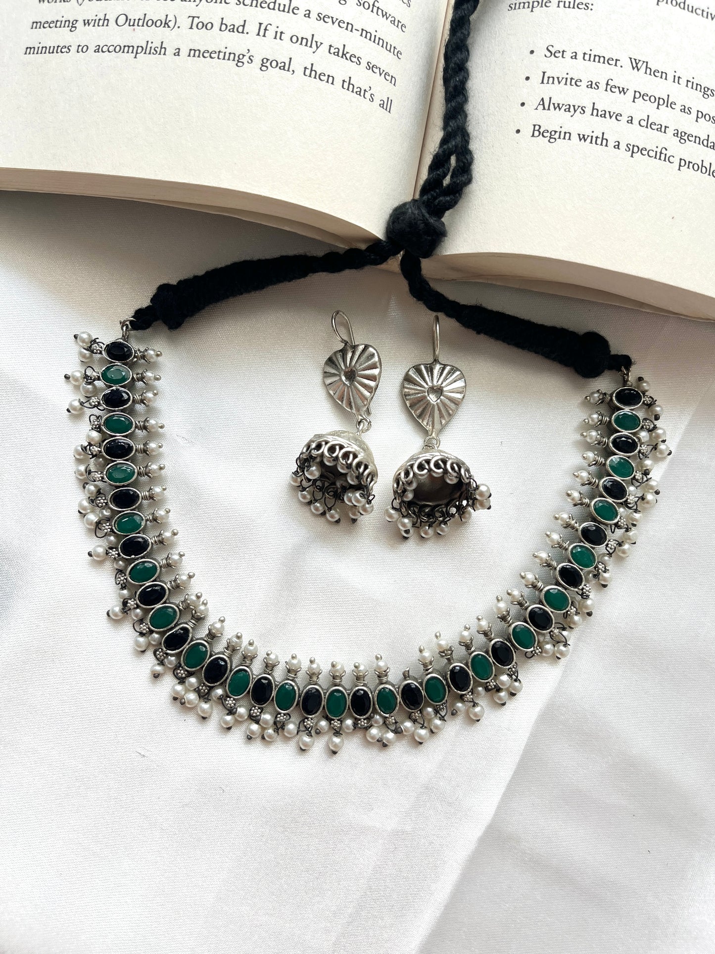 Mrinali Oxidised Black & Green Stone Necklace Set