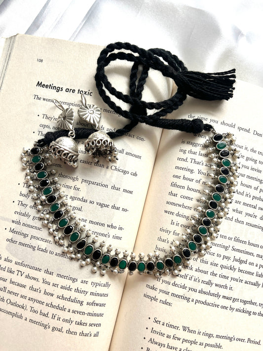 Mrinali Oxidised Black & Green Stone Necklace Set