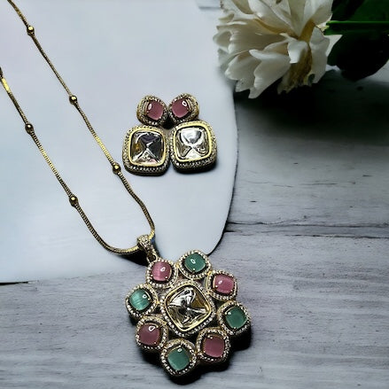 SS Pink Petal & Mint Breeze Necklace Set With Earrings