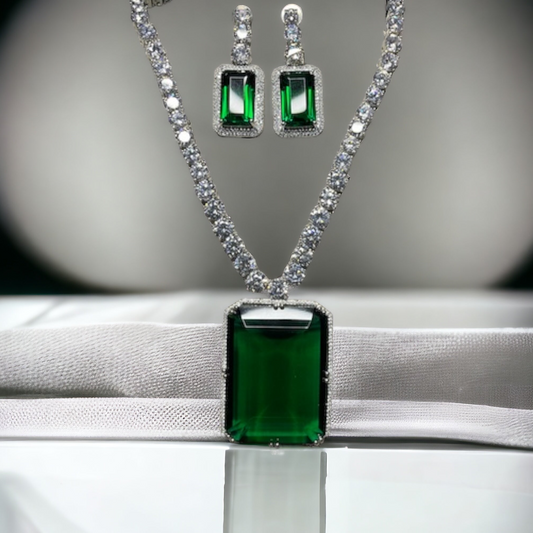 SS Classy Green Radiance: Sophisticated Gem Pendant Necklace with Earrings.
