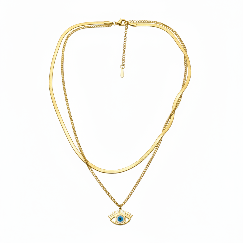 SS Double Chain Crystal Evil Eye Necklace