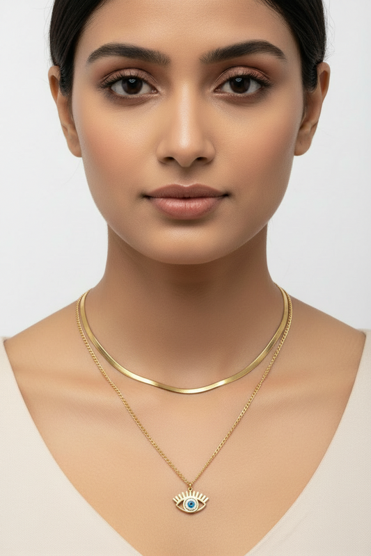 SS Double Chain Crystal Evil Eye Necklace